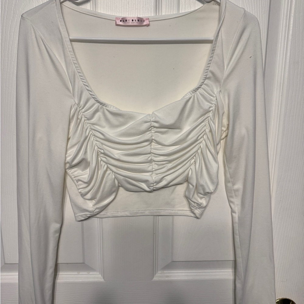 Blue Blush White Ruched Crop Top